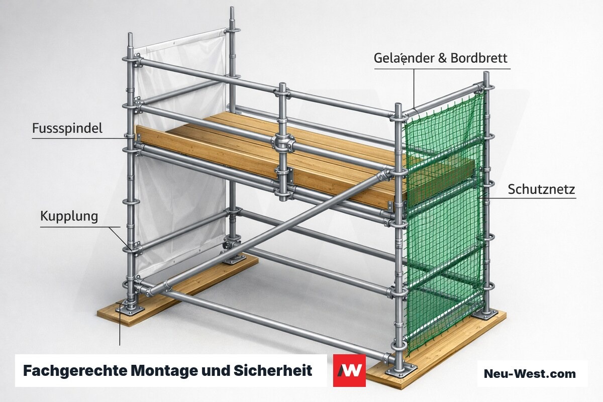 Detail-Illustration eines fachgerecht montierten Fassadengerüsts mit Fußspindel, Kupplung, Geländer, Bordbrett und Schutznetz als Qualitäts- und Sicherheitsmerkmale.