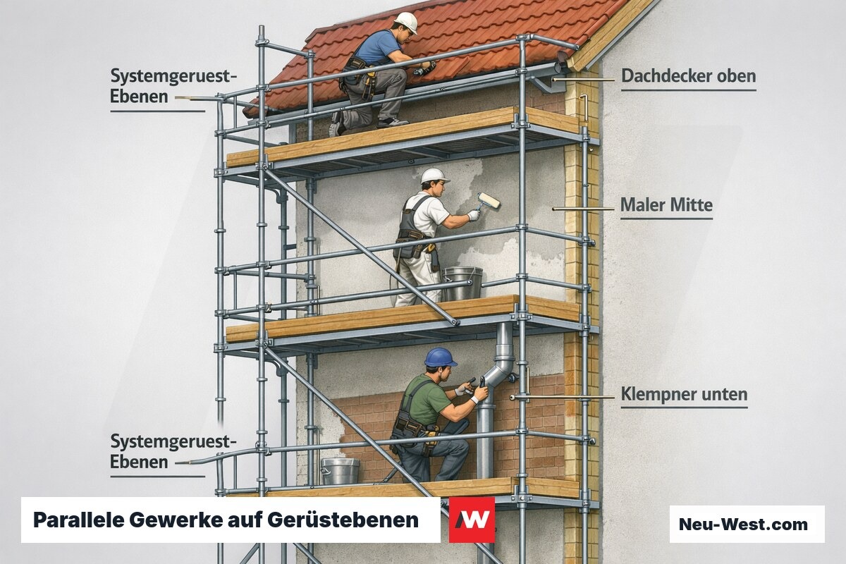 Gerüst-Querschnitt: Dachdecker oben, Maler in der Mitte und Klempner unten arbeiten gleichzeitig auf getrennten Gerüstebenen eines Berliner Gebäudes.