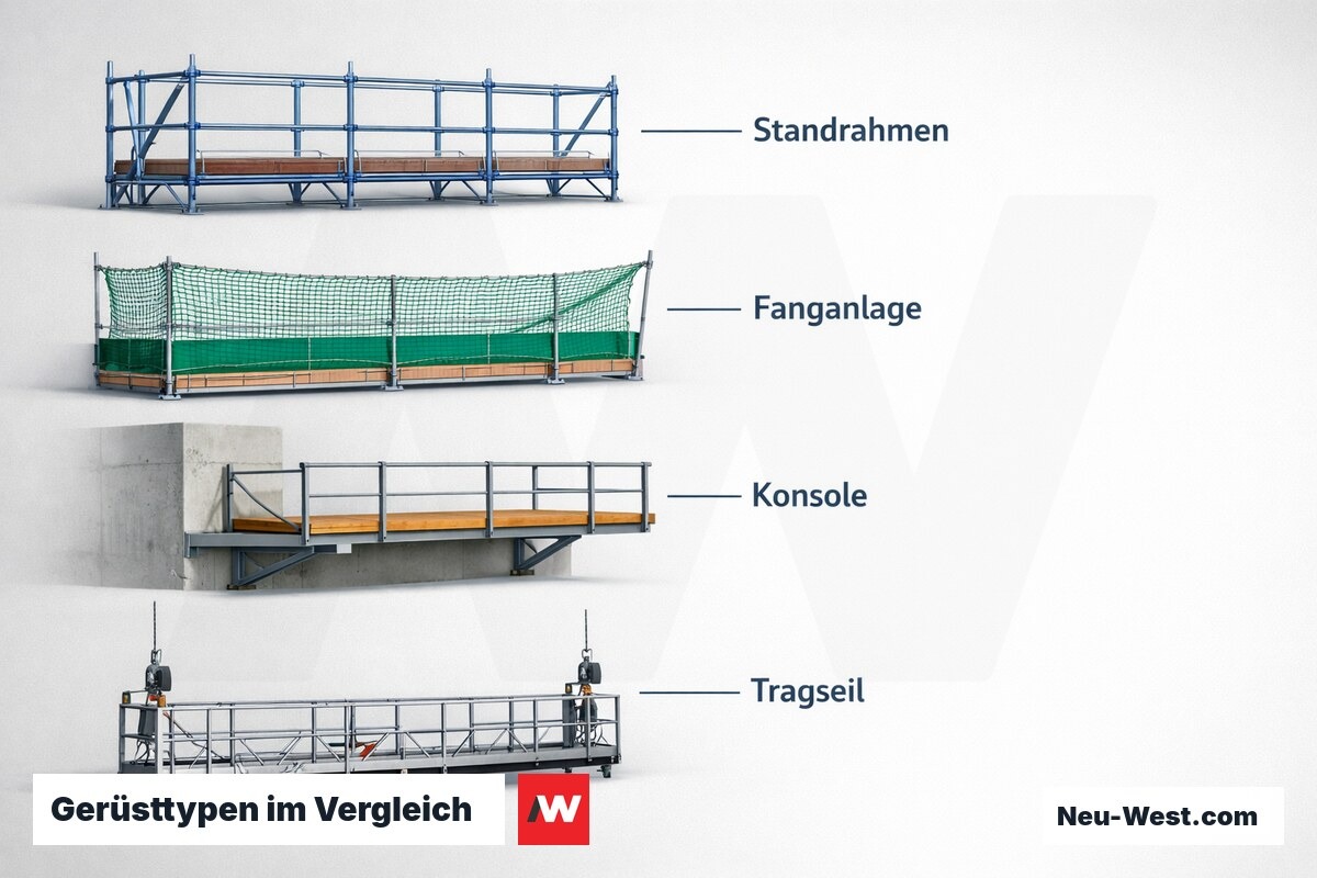 Technischer Querschnitt eines Fassadengerüsts mit Ankerbolzen, Riegeln, Ständern und verstellbaren Fußspindeln an Mauerwerk.
