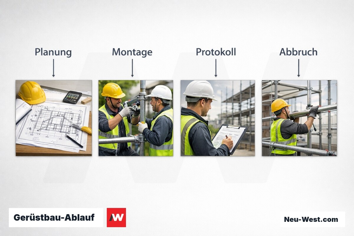 Gerüstbau-Ablauf: Von der Planung bis zum Abbruch – Erklär-Grafik (NEUWEST Berlin)