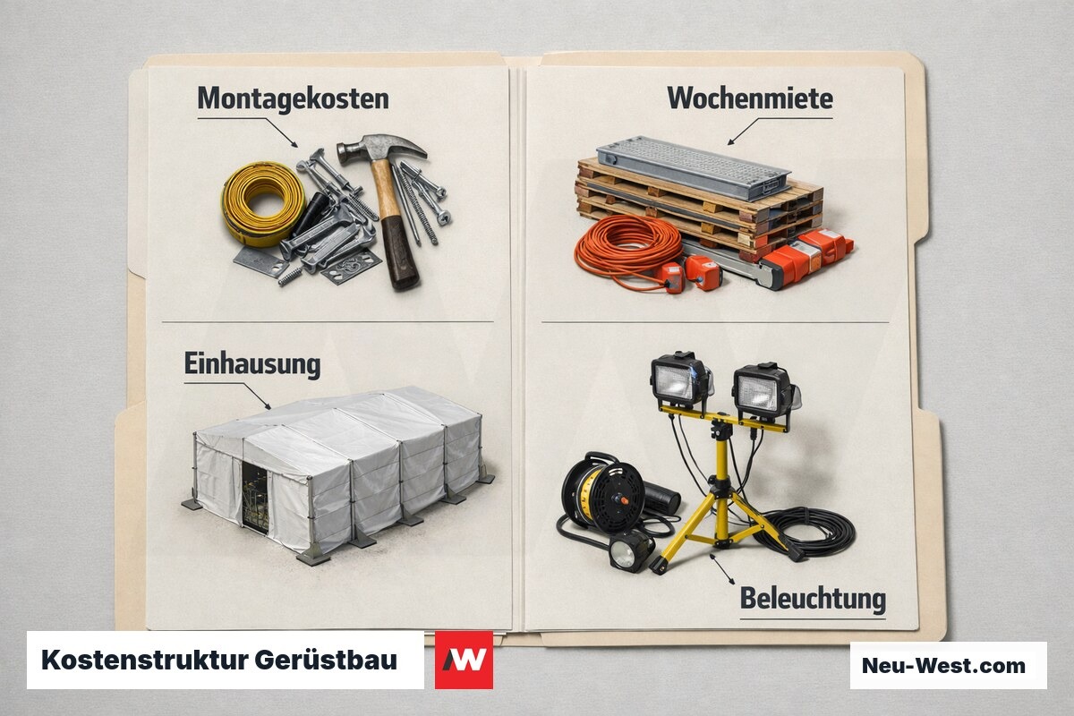 Kostenstruktur Gerüstbau: Einmalkosten, Vorhaltung und Sonderleistungen – Erklär-Grafik (NEUWEST Berlin)
