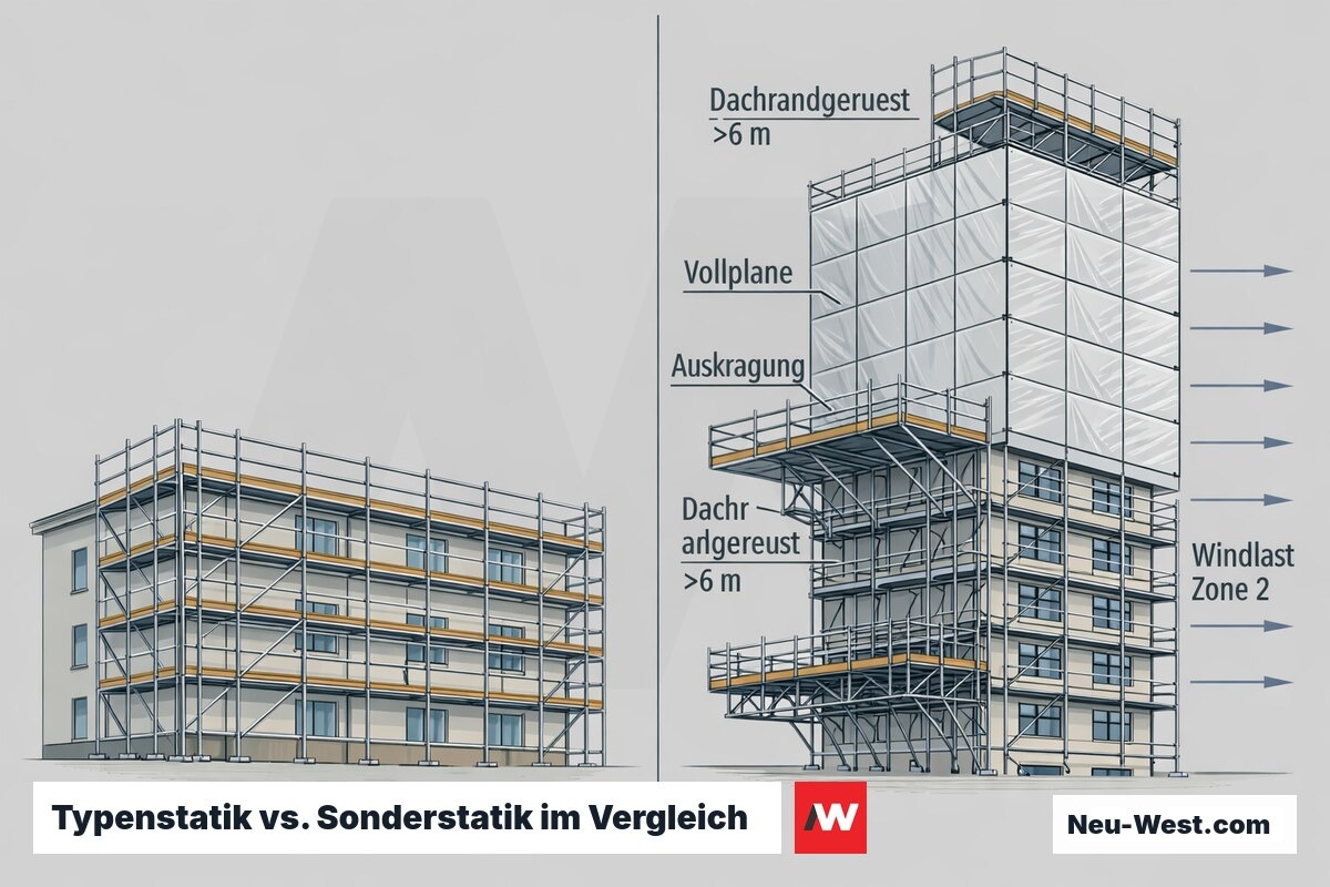 Erklär-Grafik: Standard-Gerüst mit Typenstatik gegenüber Sondergerüst mit Vollplane, Auskragung, hohem Dachrandgerüst und Windlast, das eine Sonderstatik erfordert.