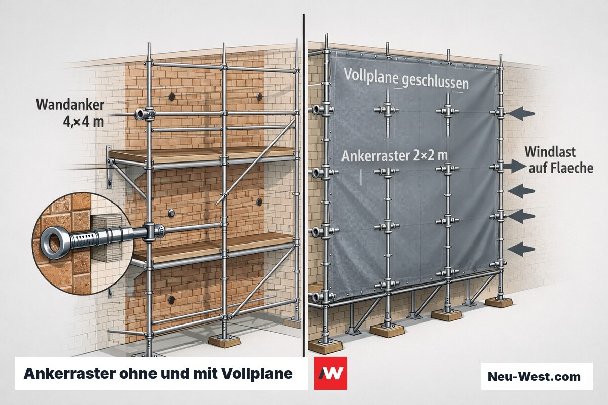 Querschnitt-Vergleich eines Fassadengerüsts: weites 4×4-m-Ankerraster ohne Plane gegenüber dichtem 2×2-m-Raster mit Vollplane unter Windlast.