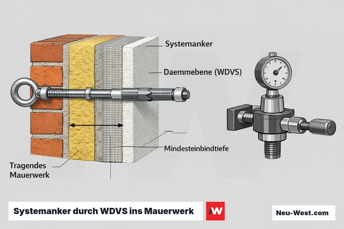 Querschnitt: Gerüst-Systemanker durchdringt WDVS-Dämmebene und bindet mit Mindesteinbindtiefe ins tragende Mauerwerk ein, daneben Auszugversuch-Prüfgerät.
