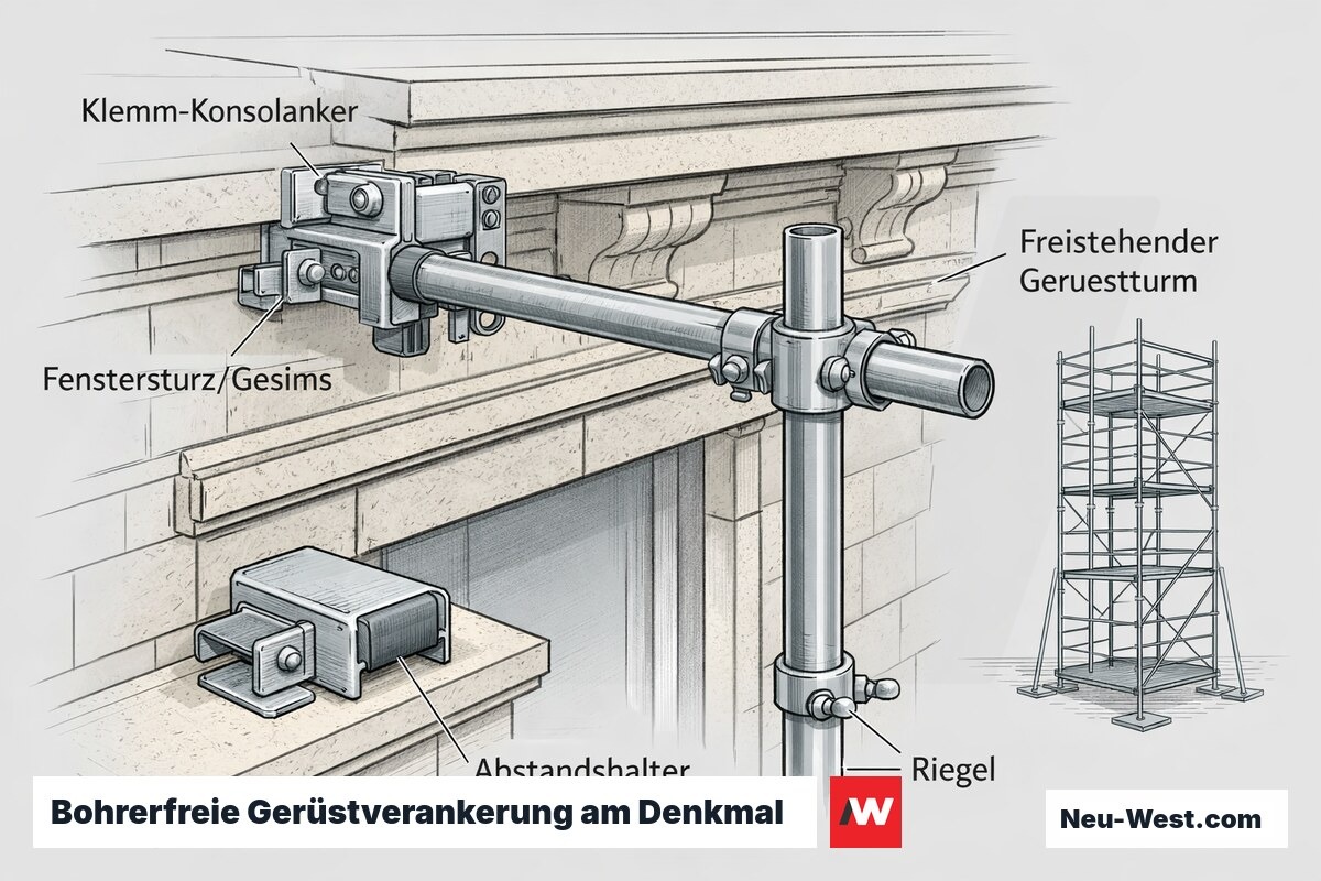 Cutaway-Detail bohrerfreier Klemm- und Konsolanker an Fenstersturz und Gesims, Abstandshalter über Fensterbank sowie freistehender Gerüstturm ohne Wandverankerung.
