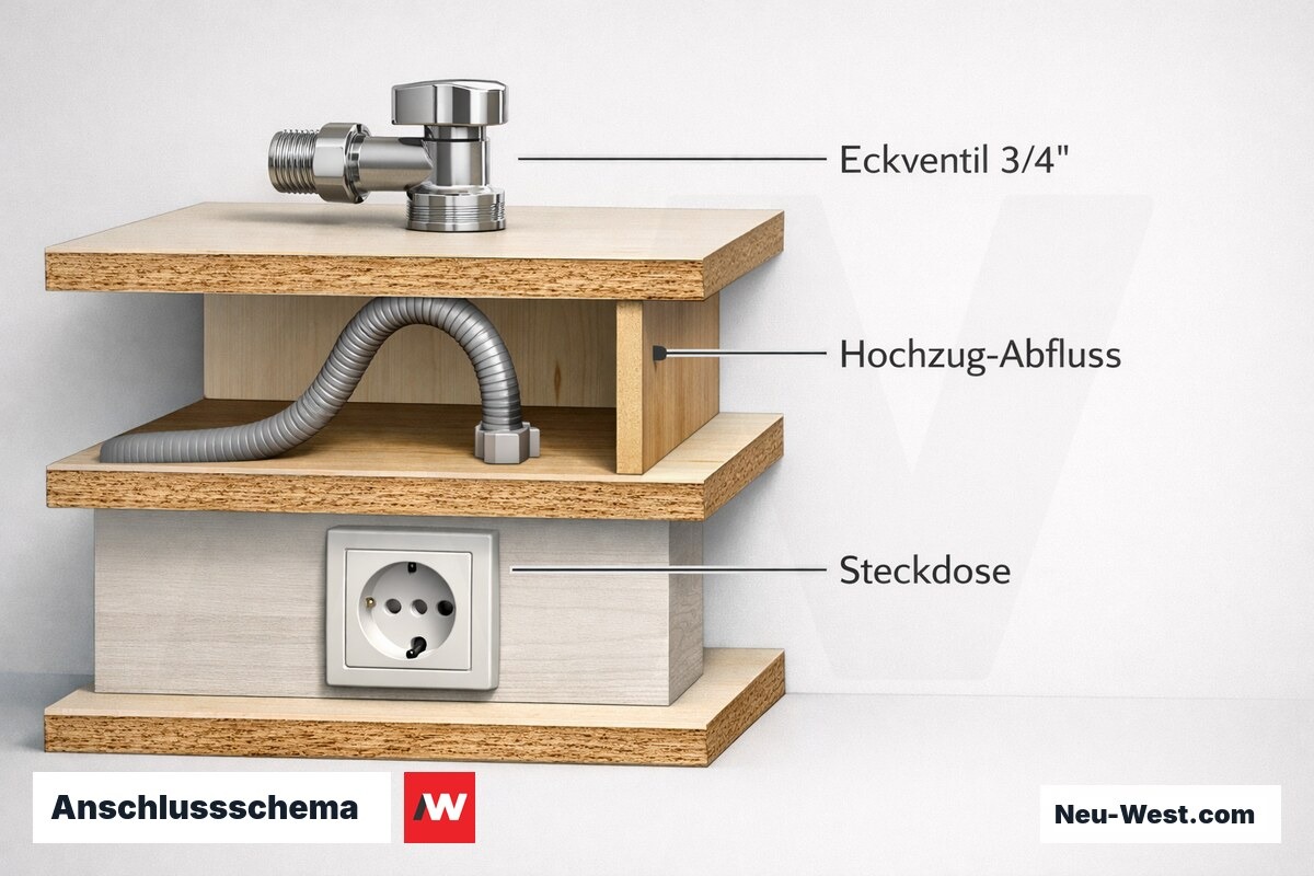 Anschlussschema: Eckventil, Ablauf-Hochzug und Steckdose – Erklär-Grafik (NEUWEST Berlin)