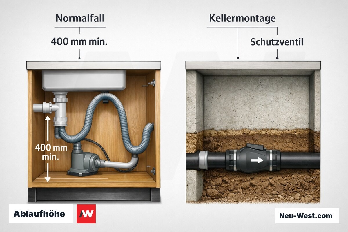 Ablaufhöhe: Hochzug-Pflicht vs. Kellermontage mit Rückstausicherung – Erklär-Grafik (NEUWEST Berlin)