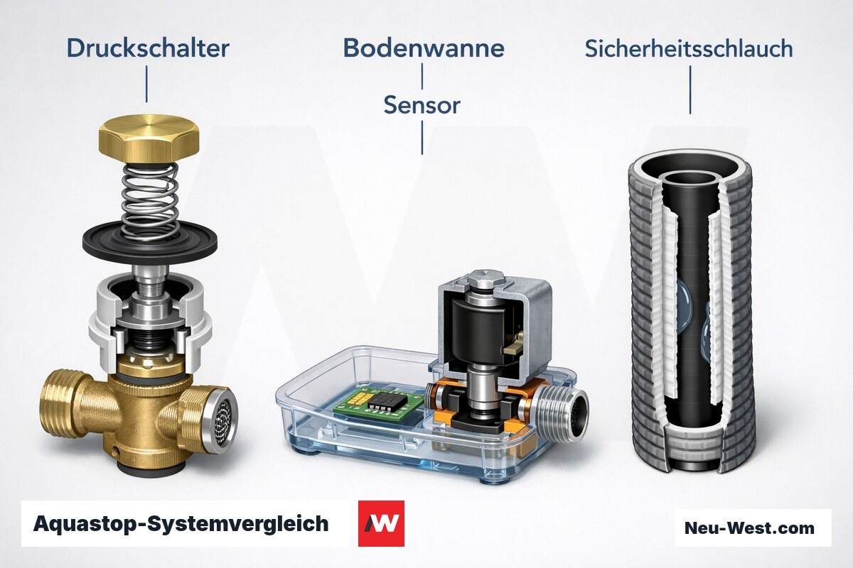 Aquastop-Systemvergleich: mechanisch, elektronisch, doppelwandig – Erklär-Grafik (NEUWEST Berlin)