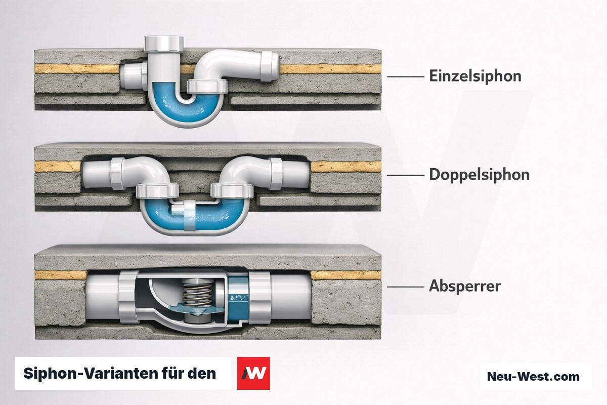 Siphon-Varianten für den Geschirrspüler-Abfluss – Erklär-Grafik (NEUWEST Berlin)