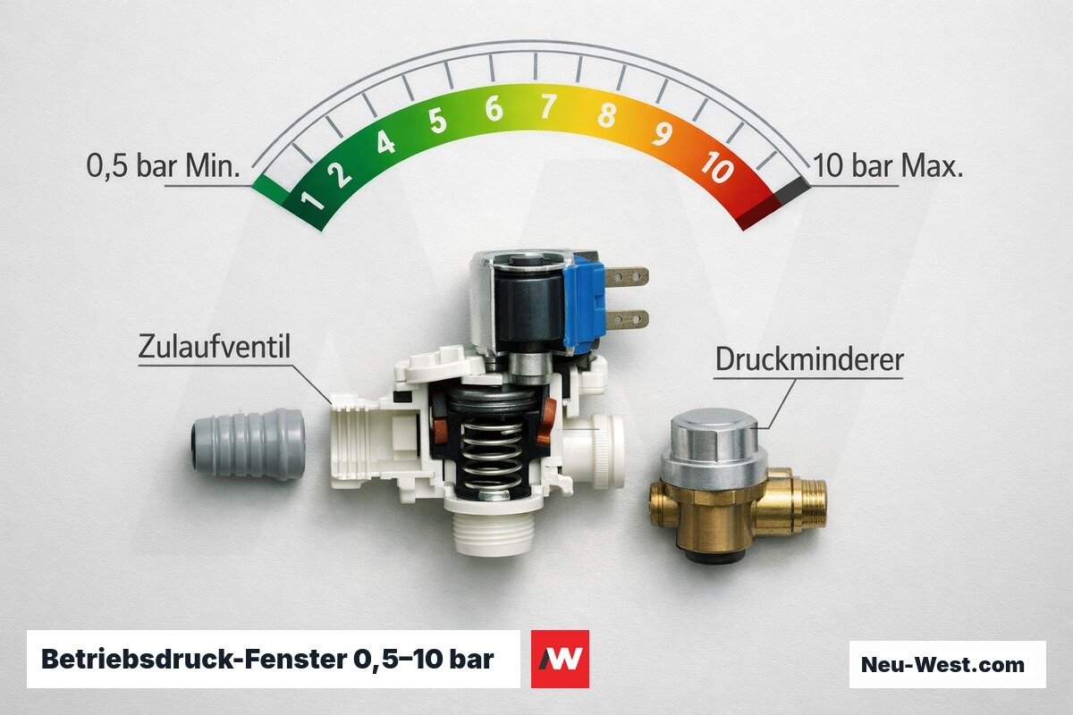 Betriebsdruck-Fenster 0,5–10 bar: Zulaufventil und Druckminderer – Erklär-Grafik (NEUWEST Berlin)