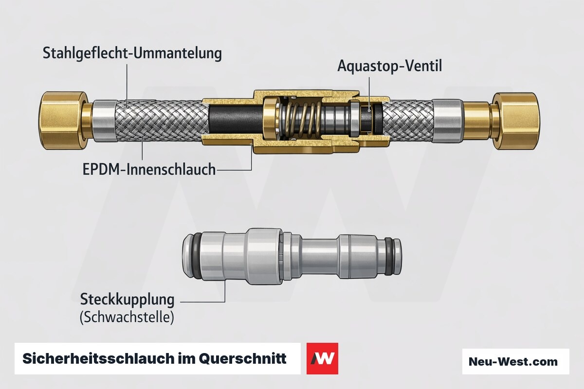 Querschnitt eines stahlummantelten Zulaufschlauchs mit EPDM-Innenschlauch und integriertem Aquastop-Ventil, daneben eine Steckkupplung als Schwachstelle.