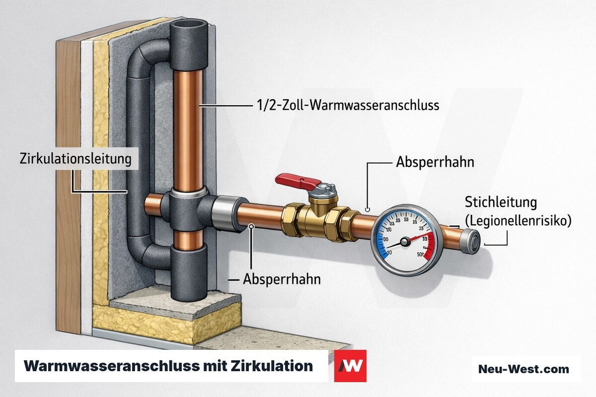 Querschnitt-Grafik eines Warmwasseranschlusses mit 1/2-Zoll-Leitung, Absperrhahn, Zirkulation und kritischer Stichleitung nach DVGW W 551.
