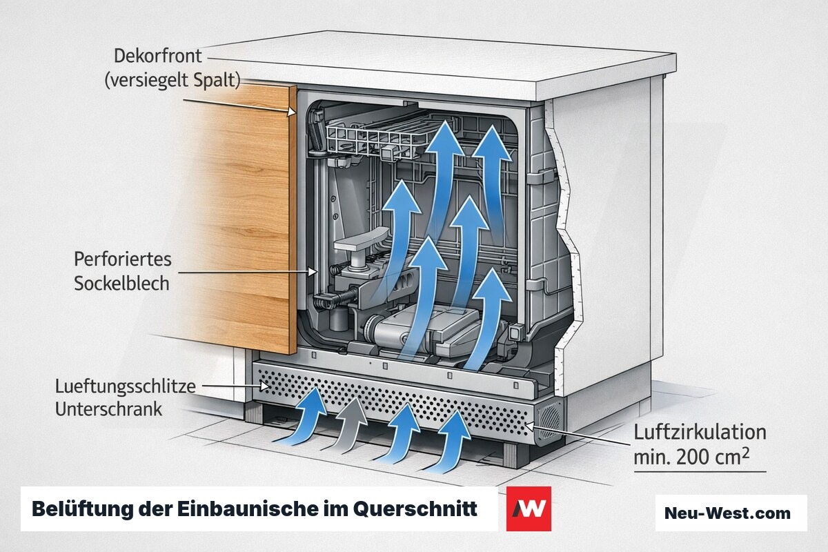 Querschnitt einer Einbaunische mit vollintegriertem Gerät: Dekorfront, perforiertes Sockelblech und Lüftungsschlitze zeigen die bodenseitige Belüftung von mindestens 200 cm².