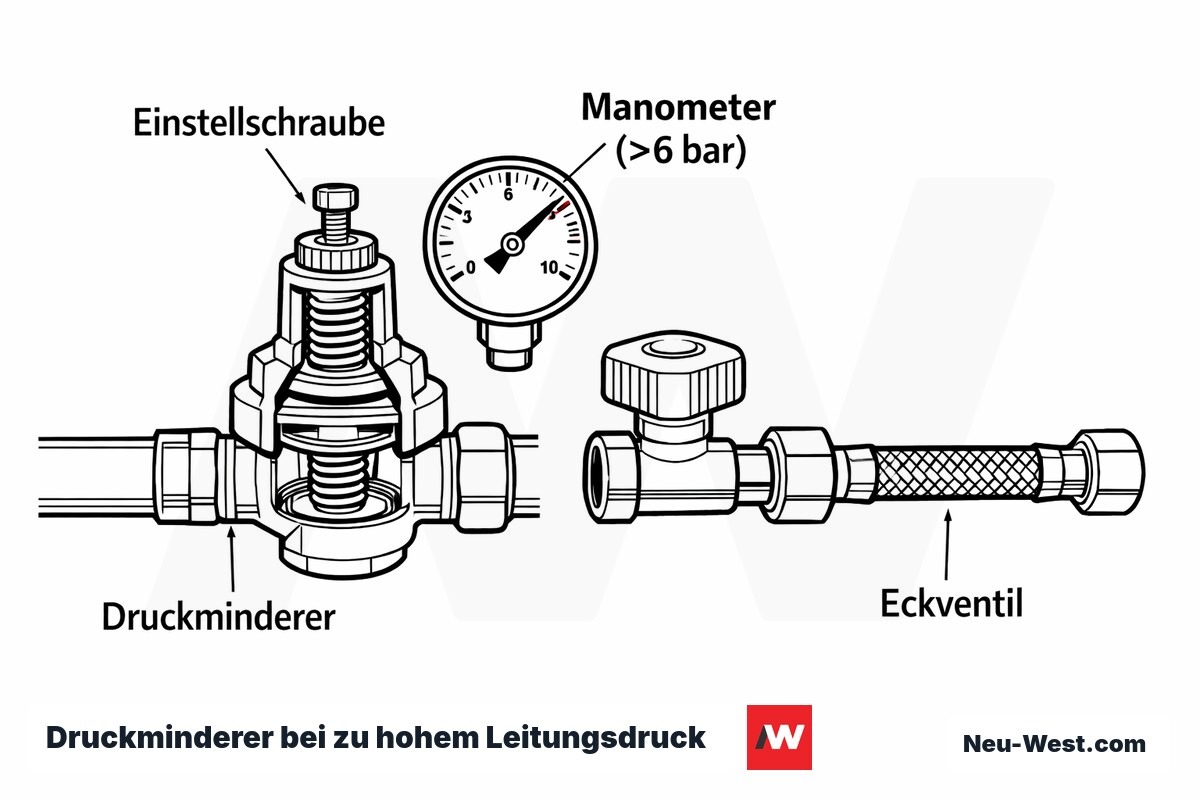 Querschnitt eines Druckminderers mit Manometer und Einstellschraube an der Kaltwasserleitung vor dem Eckventil bei über 6 bar Leitungsdruck.
