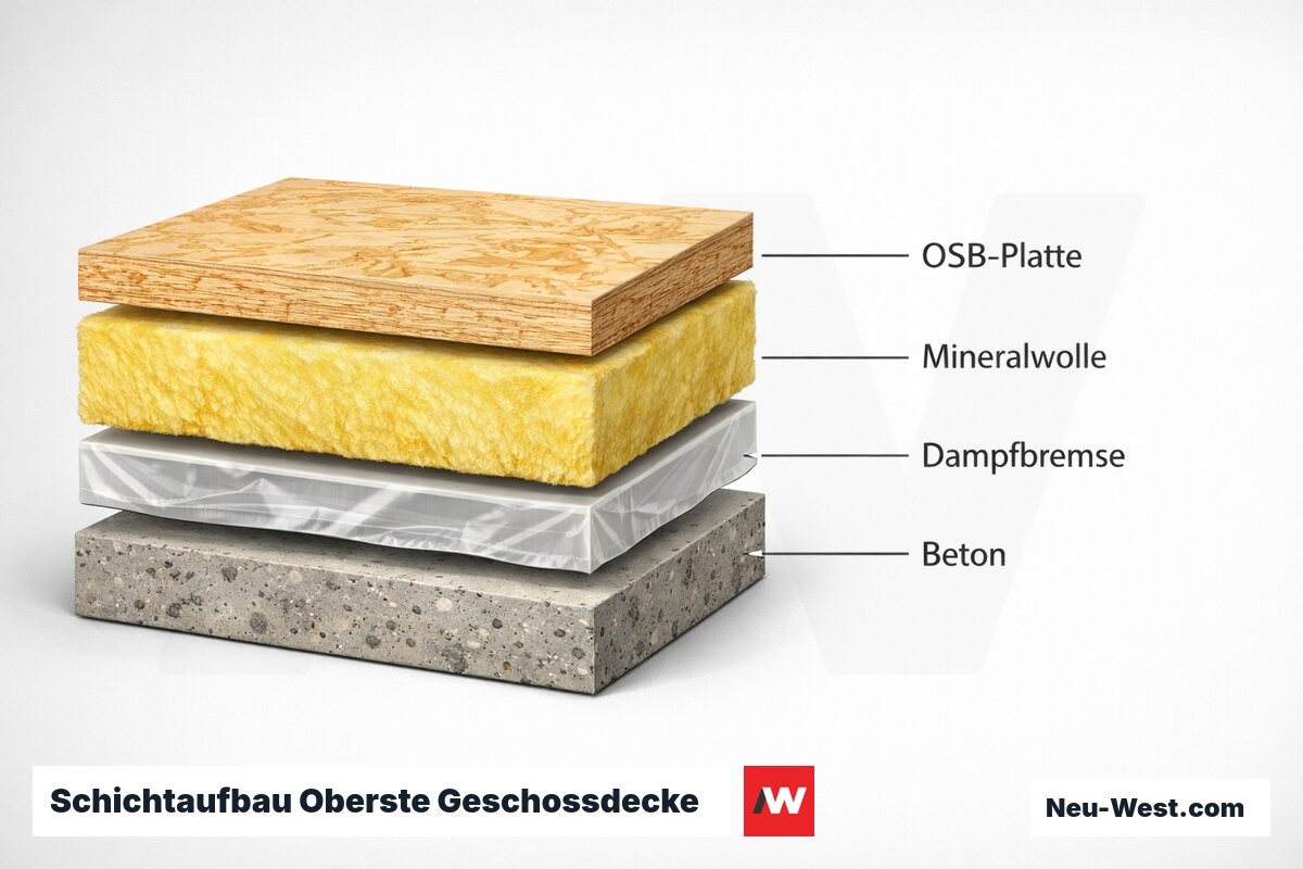 Schichtaufbau Oberste Geschossdecke: Dampfbremse-Position und Taupunktlage – Erklär-Grafik (NEUWEST Berlin)