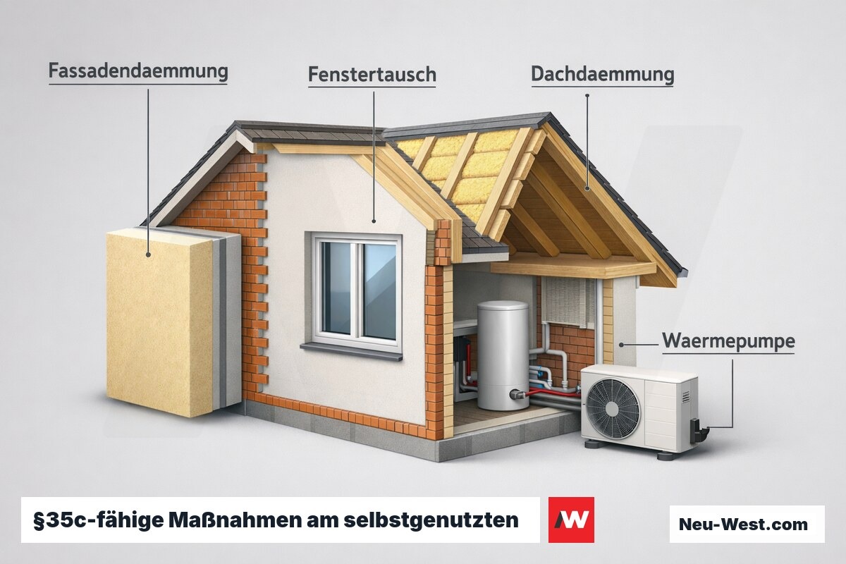 Querschnitt eines selbstgenutzten Einfamilienhauses mit förderfähigen Sanierungsmaßnahmen für Steuerbonus §35c EStG und BEG.