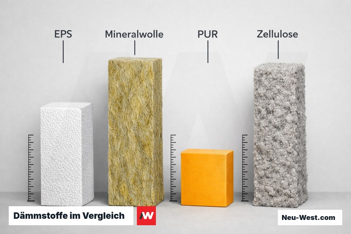Dämmstoffe im Vergleich: Lambda-Wert und Einbaudicke für U = 0,14 W/m²K – Erklär-Grafik (NEUWEST Berlin)