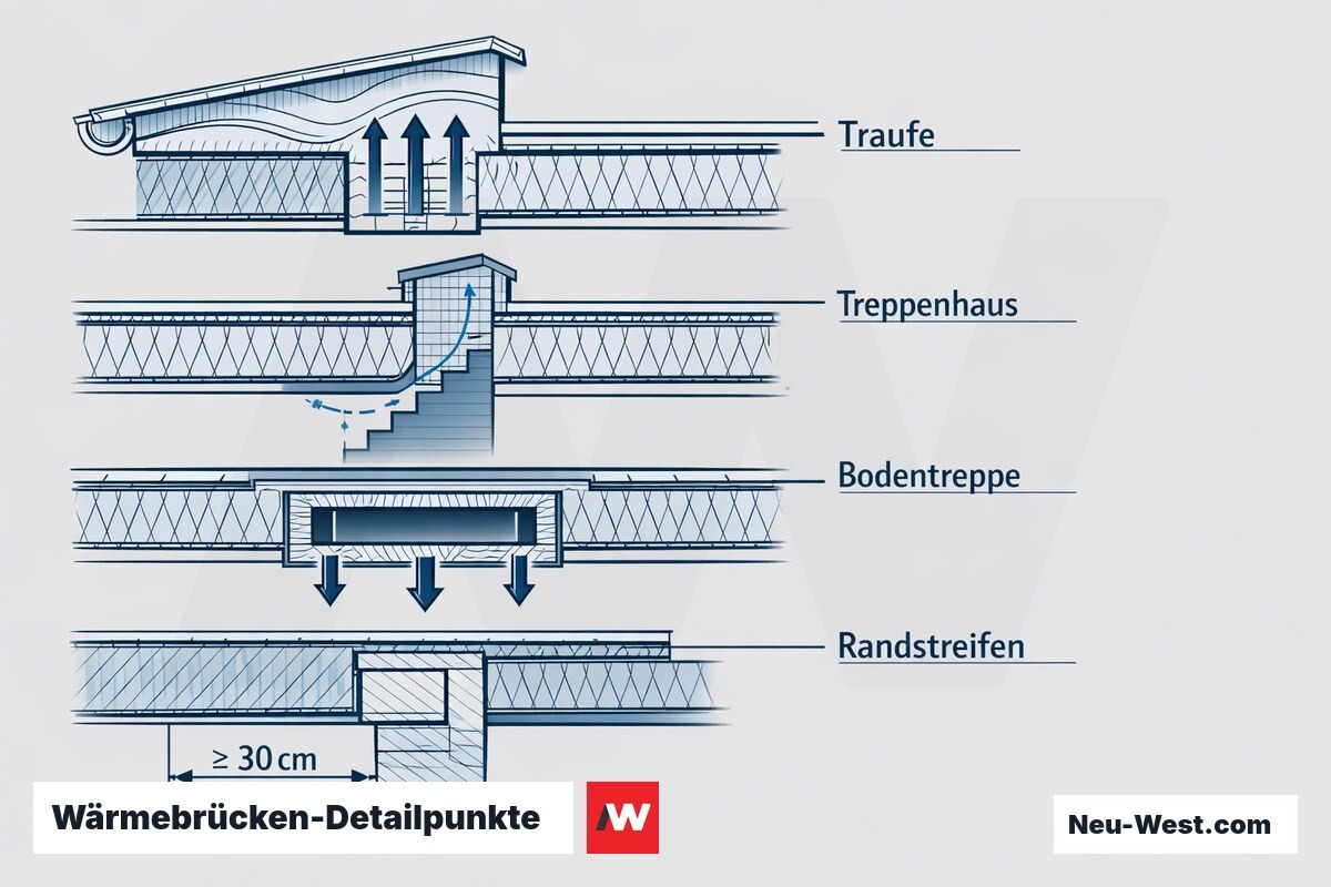 Wärmebrücken-Detailpunkte: Traufe, Treppenhaus, Bodentreppe und Randbereich – Erklär-Grafik (NEUWEST Berlin)