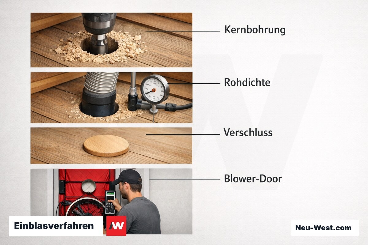 Einblasverfahren: Vier Prozessschritte und ihre Qualitätskriterien – Erklär-Grafik (NEUWEST Berlin)