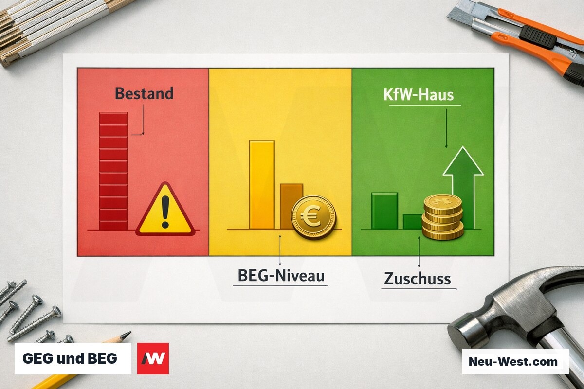 GEG und BEG: Anforderungsklassen, U-Werte und Förderhöhen im Überblick – Erklär-Grafik (NEUWEST Berlin)
