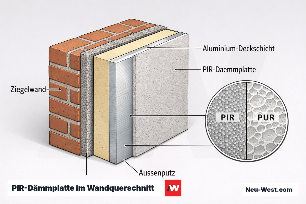 Wandquerschnitt mit dünner PIR-Dämmplatte, Aluminium-Deckschicht und Außenputz auf Ziegelwand, mit Detail der feinzelligen Schaumstruktur.