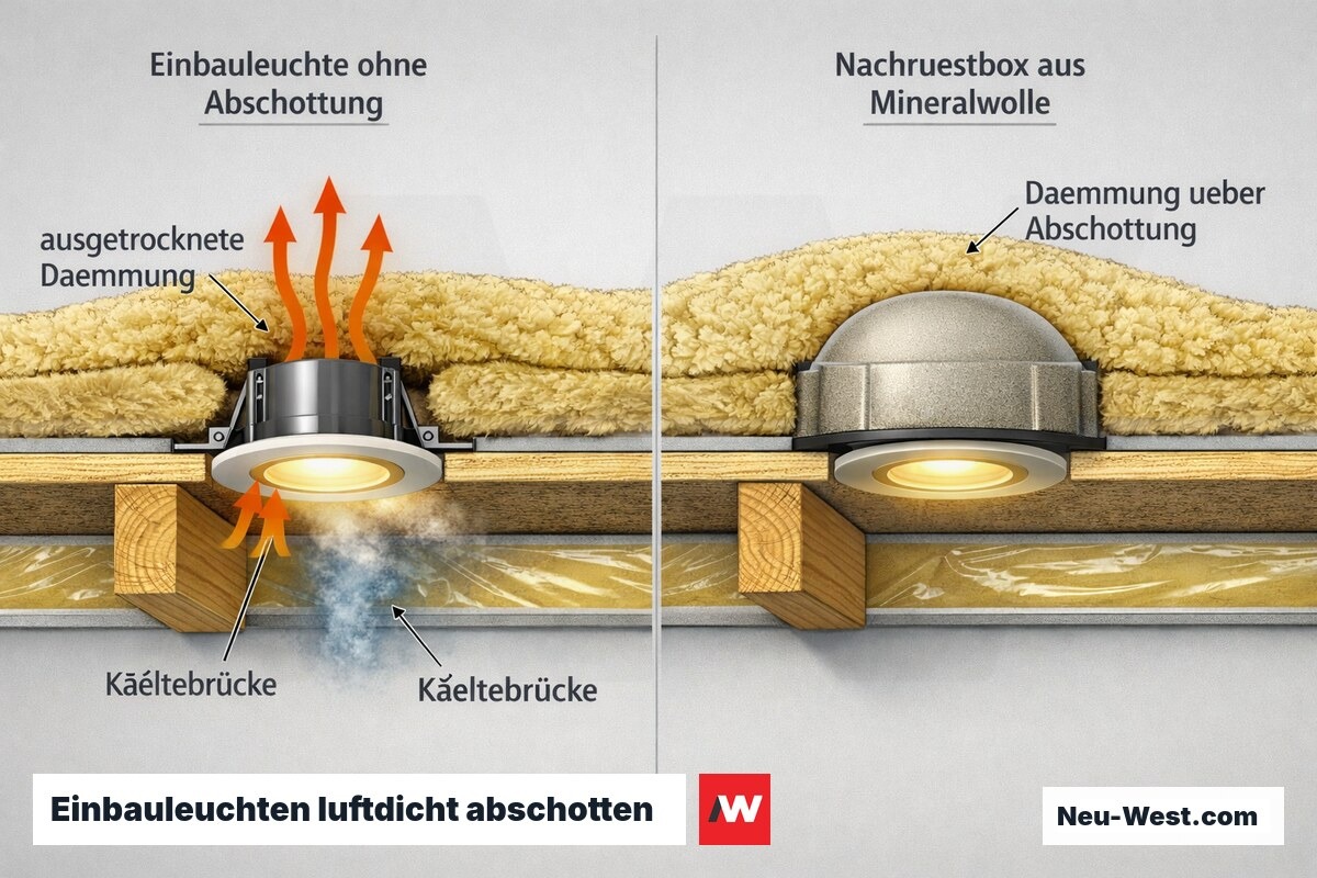 Querschnitt Geschossdecke: Einbauleuchte als Leckagepfad ohne Abschottung im Vergleich zur luftdichten Nachrüstbox aus Mineralwolle unter der Dämmung.