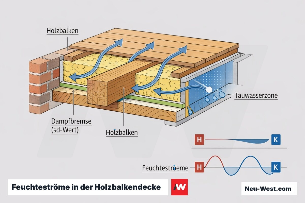 Querschnitt einer Holzbalkendecke mit Dampfbremse, sd-Wert-Zone, Tauwasserbereich und jahreszyklischen Feuchteströmen im Holz.