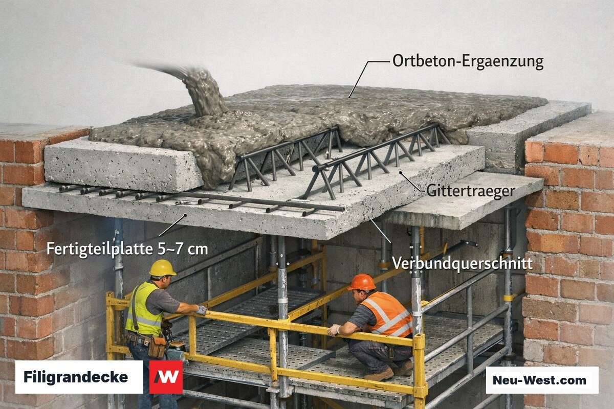 Querschnitt einer Filigrandecke mit Fertigteilplatte, Gitterträgern und Ortbetonergänzung zwischen Mauerwerkswänden
