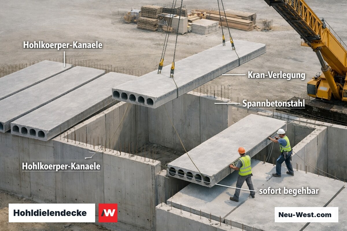 Kranmontage von Spannbeton-Hohldielenplatten auf Mauerwerkswände, Hohlräume im Querschnitt sichtbar