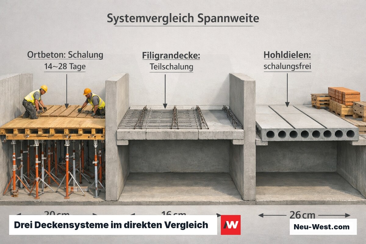 Baustellenvergleich Ortbetondecke, Filigrandecke und Hohldielendecke nebeneinander mit Schalungsaufwand und Systemtiefen