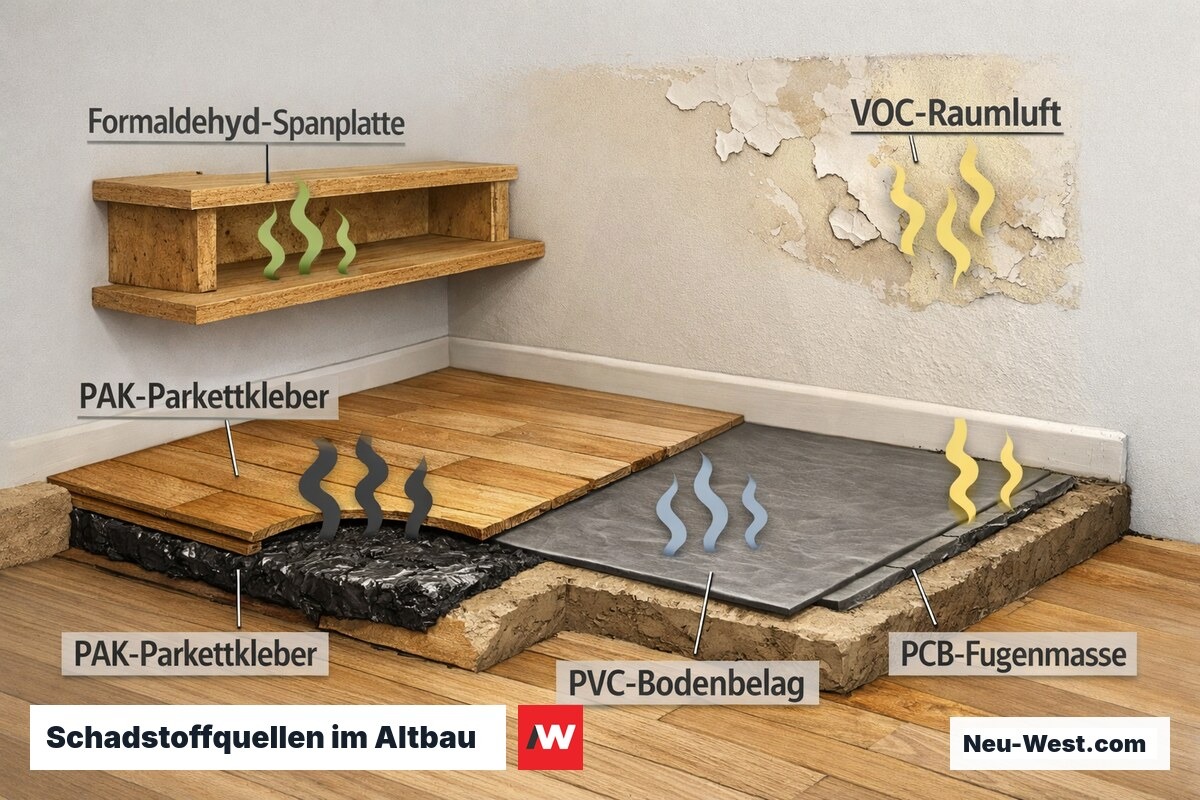 Querschnitt eines Altbau-Innenraums mit eingezeichneten Schadstoffquellen in Boden, Wänden und Möbeln