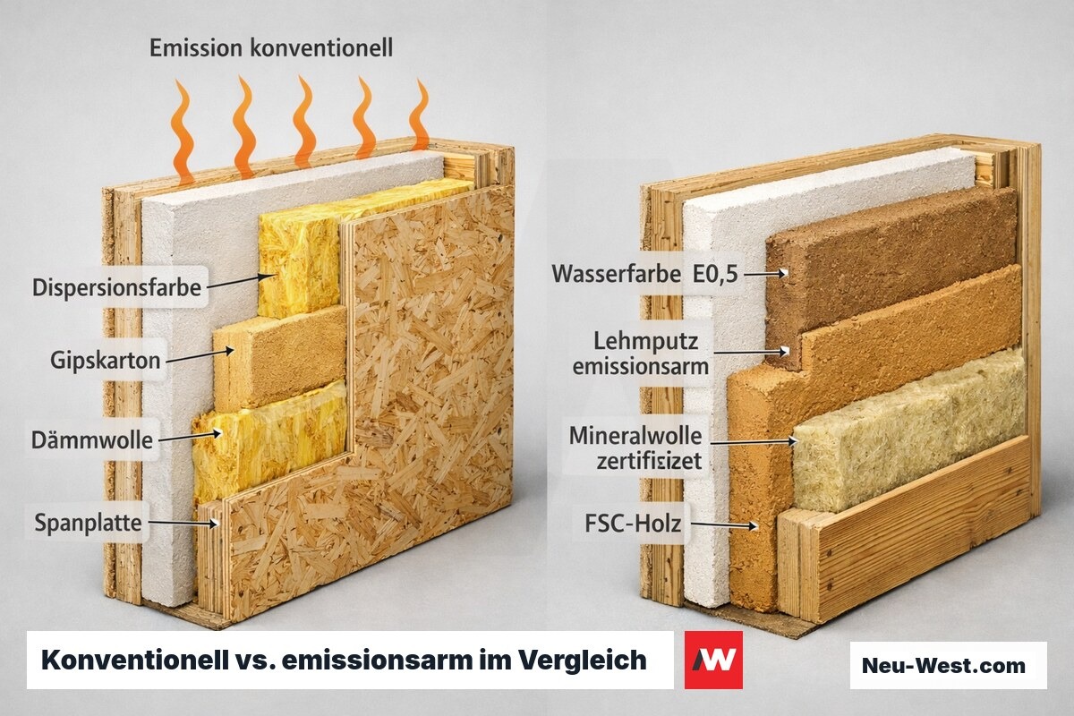 Wandquerschnitt-Vergleich: herkömmliche Baustoffe mit Emissionen links, zertifizierte schadstoffarme Alternativen rechts