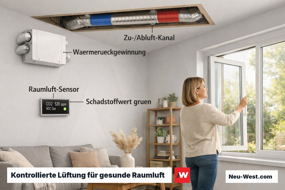 Wohnraum mit eingebautem Lüftungssystem mit Wärmerückgewinnung und digitalem Raumluftqualitätssensor an der Wand