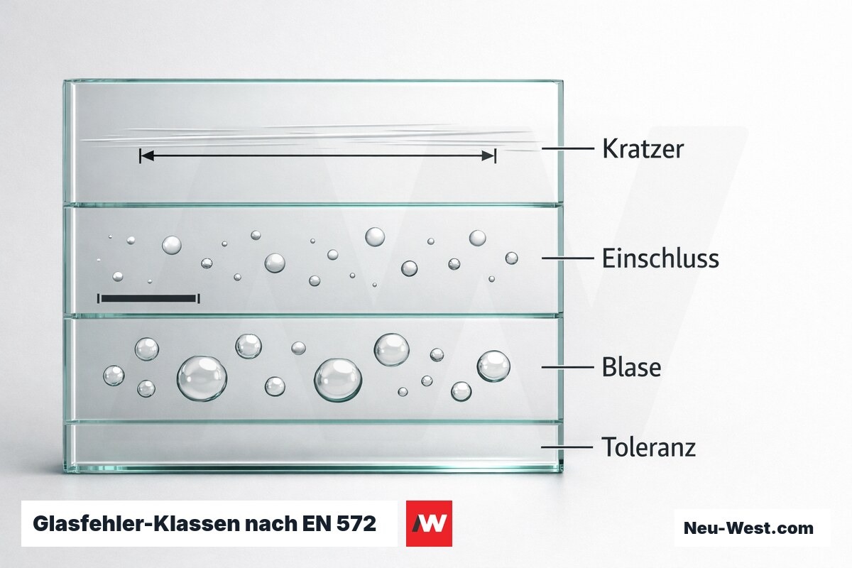 Glasfehler-Klassen nach EN 572: Kratzer, Einschlüsse, Blasen – Erklär-Grafik (NEUWEST Berlin)
