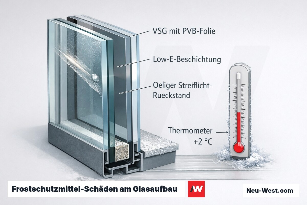 Querschnitt einer VSG-Glaskante mit PVB-Folie, Low-E-Beschichtung, öligem Streiflicht-Rückstand und Thermometer nahe +2 °C bei Frost.