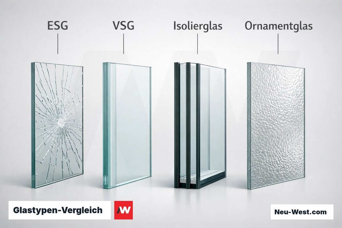 Glastypen-Vergleich: Bruchbild, Druckempfindlichkeit und Reinigungsrisiko – Erklär-Grafik (NEUWEST Berlin)