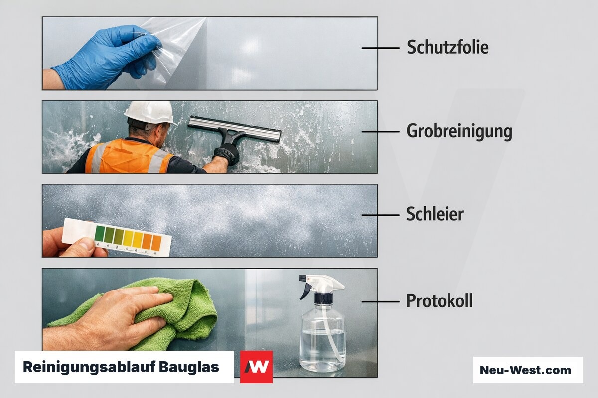 Reinigungsablauf Bauglas: 4 Phasen von der Schutzfolie bis zur Dokumentation – Erklär-Grafik (NEUWEST Berlin)