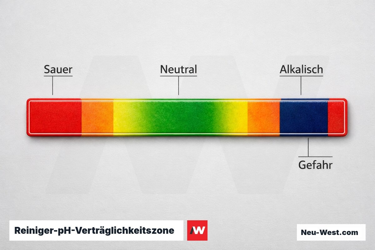 Reiniger-pH-Verträglichkeitszone nach Glastyp und Beschichtung – Erklär-Grafik (NEUWEST Berlin)