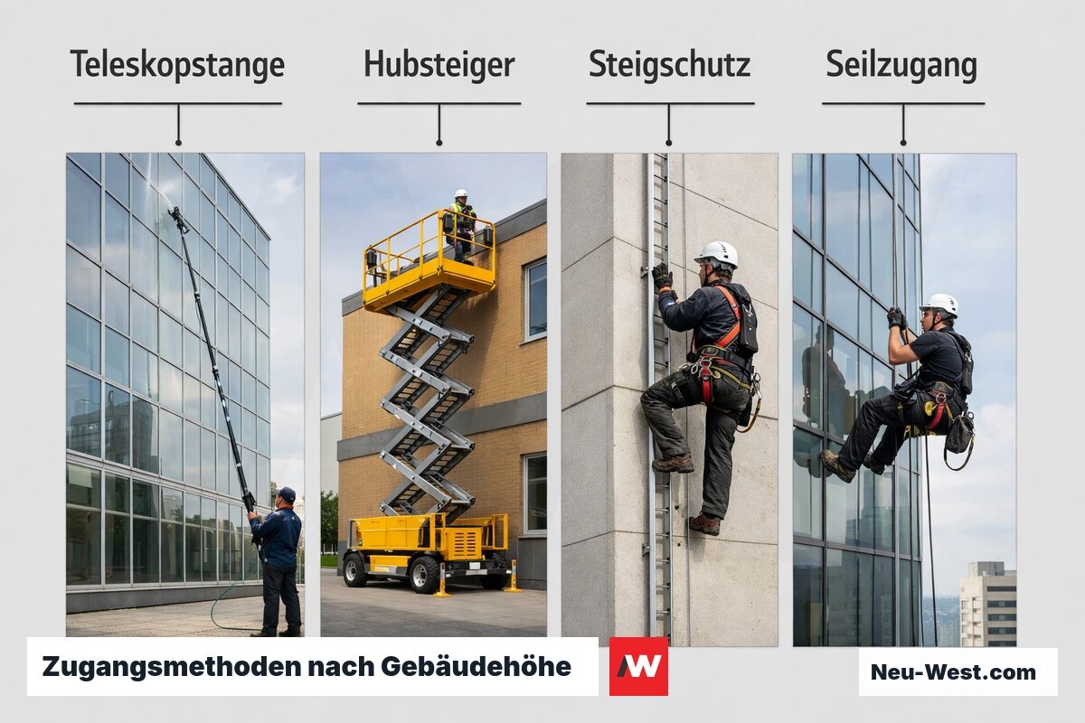 Zugangsmethoden nach Gebäudehöhe: Einsatzgrenzen im Vergleich – Erklär-Grafik (NEUWEST Berlin)