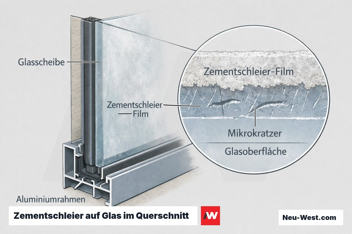 Querschnitt einer Fensterscheibe mit Zementschleier-Film und Mikrokratzern auf dem Glas im Aluminiumrahmen, mit vergrößertem Detailausschnitt.