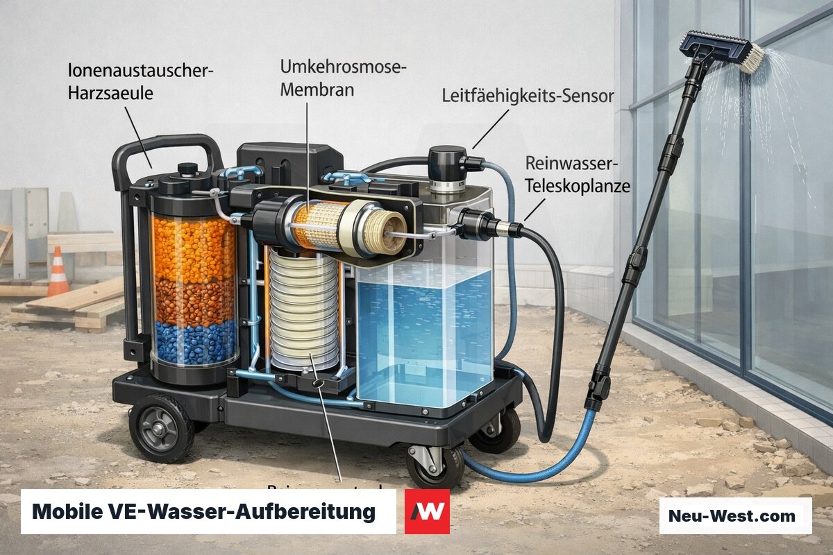 Querschnitt einer mobilen VE-Wasser-Anlage mit Ionenaustauscher, Umkehrosmose-Membran und Leitfähigkeitssensor, die eine Bauglas-Fassade reinigt.