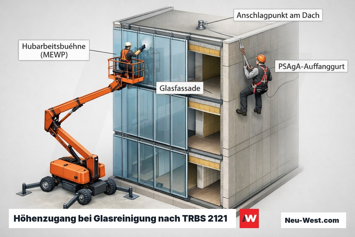 Querschnitt einer Glasfassade: Hubarbeitsbühne als Standardmittel und PSAgA mit Dachanschlagpunkt als Ausnahme bei Glasreinigung.