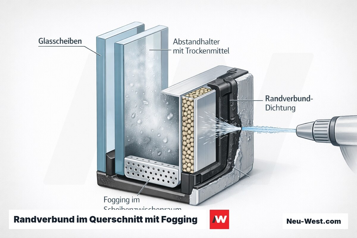 Querschnitt einer Isolierglaseinheit: Glasscheiben, Abstandhalter, Randverbund-Dichtung und Fogging durch eindringendes Reinigungsmittel im Scheibenzwischenraum.