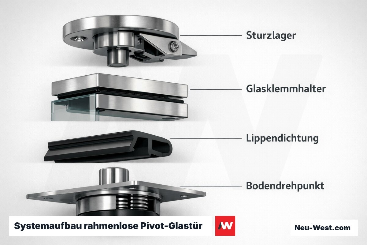 Systemaufbau rahmenlose Pivot-Glastür: Beschlagkomponenten und Einstellmaße – Erklär-Grafik (NEUWEST Berlin)