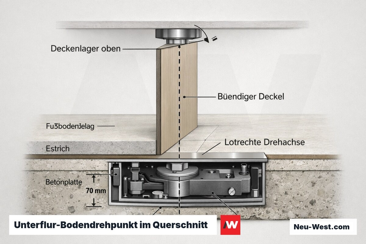Querschnitt eines Unterflur-Türschließers in Bodentasche mit bündigem Deckel, lotrechter Drehachse und Deckenlager zur Achstoleranz.