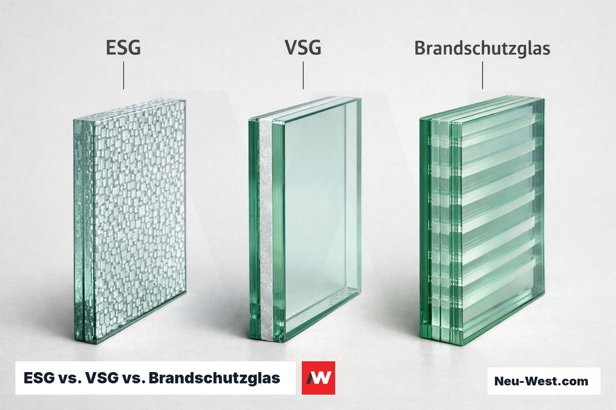 ESG vs. VSG vs. Brandschutzglas: Schichtaufbau, Bruchbild und Mindestdicke im Vergleich – Erklär-Grafik (NEUWEST Berlin)