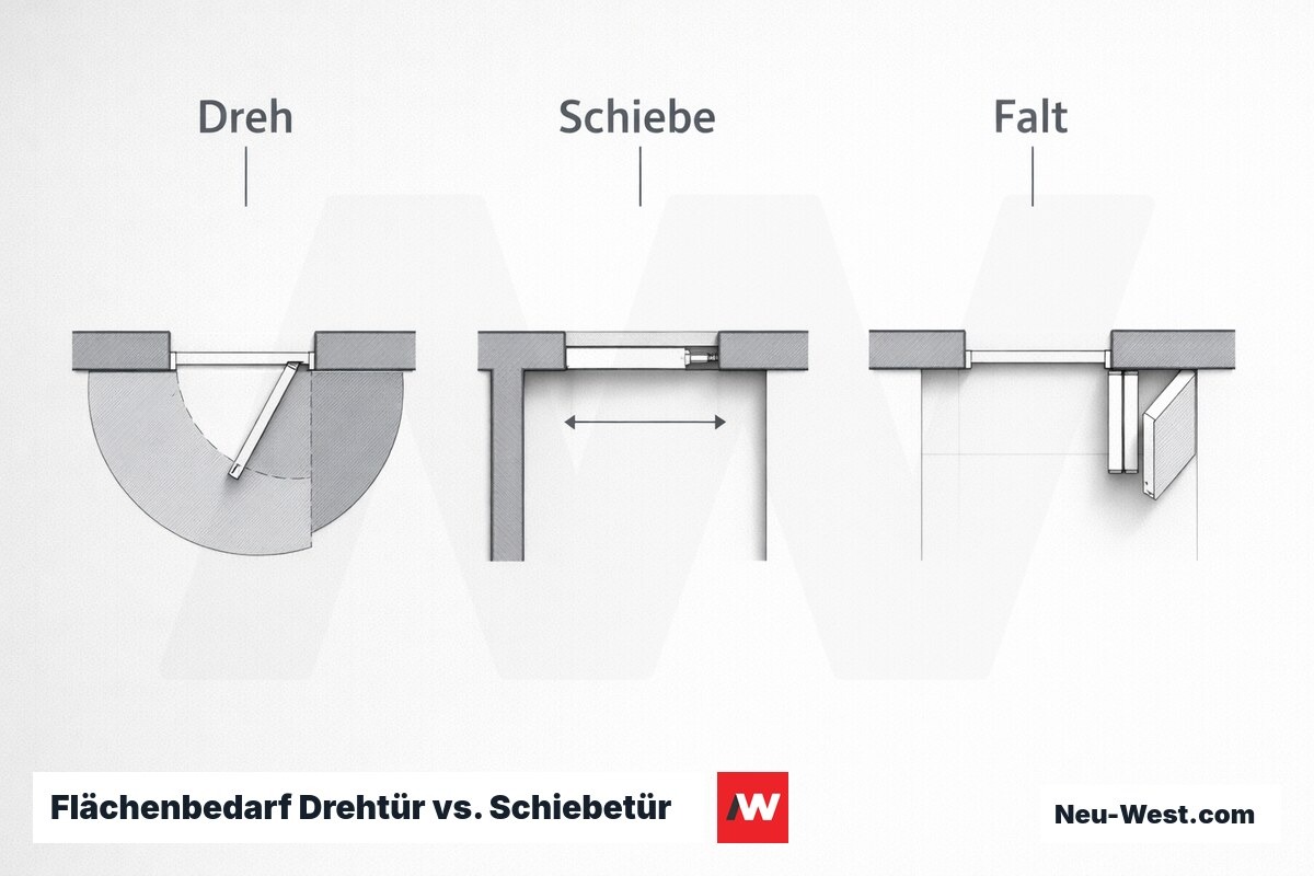 Flächenbedarf Drehtür vs. Schiebetür vs. Falttür bei 875 mm Lichtmaß – Erklär-Grafik (NEUWEST Berlin)