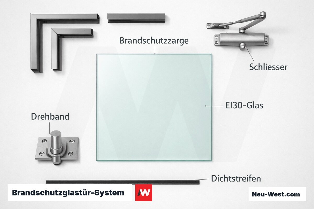 Brandschutzglastür-System: Klassifizierung EI30 / EI60 / EW30 — Pflichtkomponenten der Systemzulassung – Erklär-Grafik (NEUWEST Berlin)