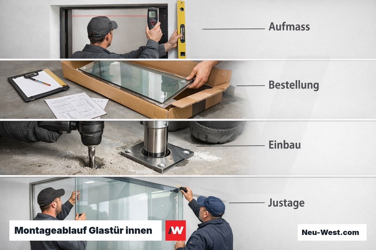 Montageablauf Glastür innen: 7 Schritte mit kritischen Toleranzfenstern – Erklär-Grafik (NEUWEST Berlin)
