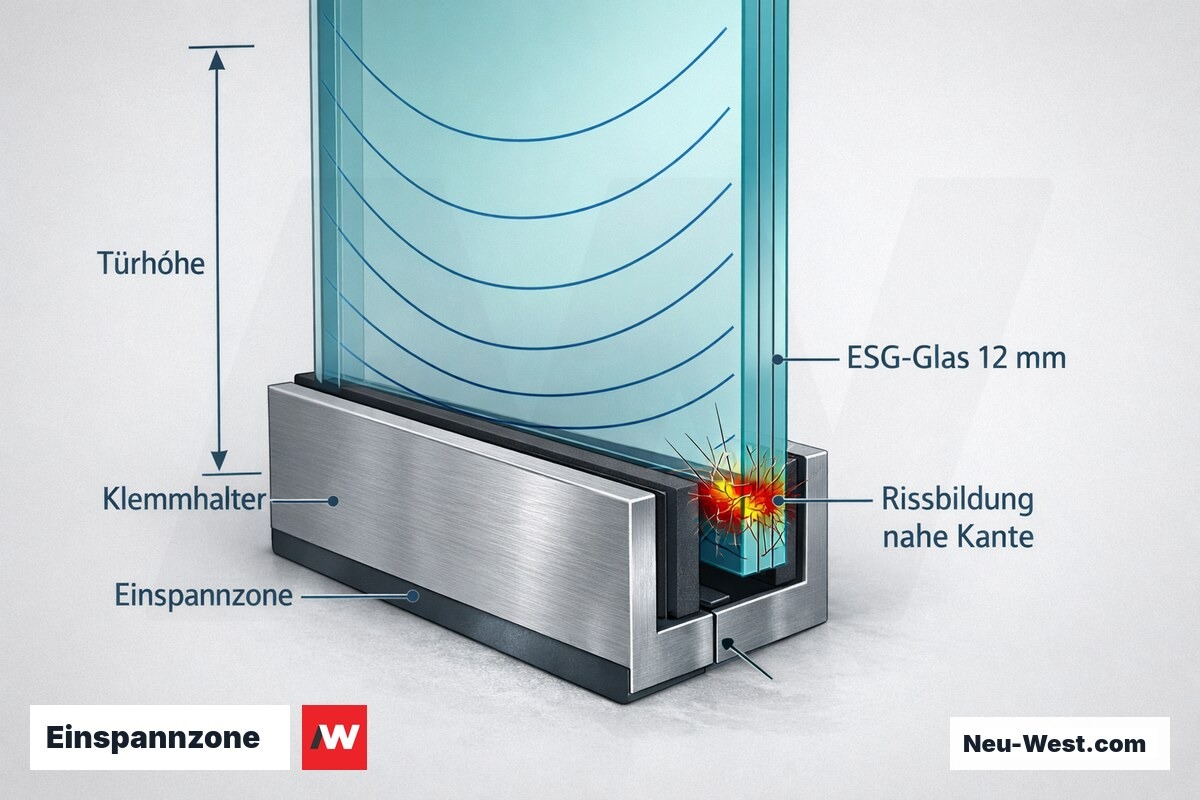 Querschnitt der Einspannzone einer rahmenlosen ESG-Glastür: Klemmhalter, Glaskante, Biegespannung und Rissbildungszone in Abhängigkeit der Glasdicke.
